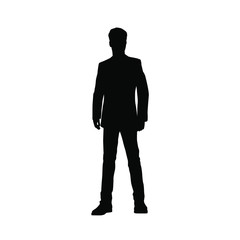 Vector silhouette of a man in a business suit standing, black color isolated on white background
