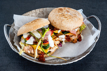 burgers with bacon and chicken