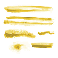 Yellow gold watercolor shapes, splotches, stains, paint brush strokes. Abstract watercolor texture backgrounds set. Isolated on white background. Vector illustration.