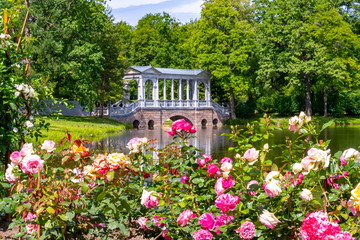 Marble bridge and flowers in Catherine park, Tsarskoe Selo, Saint Petersburg, Russia