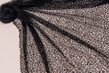 Texture lace fabric. lace on white background studio. thin fabric made of yarn or thread. a background image of ivory-colored lace cloth. Black lace on beige background.