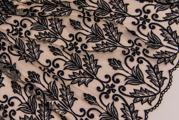 Texture lace fabric. lace on white background studio. thin fabric made of yarn or thread. a background image of ivory-colored lace cloth. Black lace on beige background.