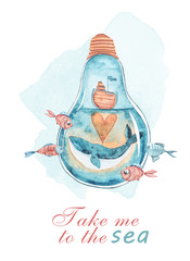 Watercolor cartoon hand painted whale and fish. Cute illustration on white background. Perfect for greeting card, print, invitation