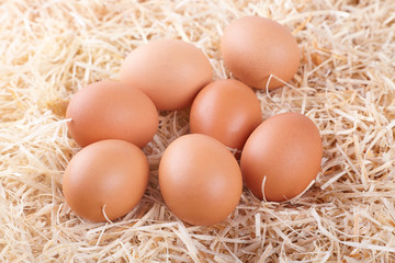 group of brown chicken eggs on hay, homemade farm natural product