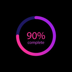 90% percent in gradient color circle.Glowing colorful loader icon.Loading bars for web, social media. vector eps10