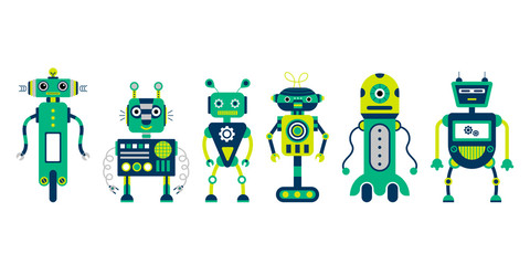 Set of 6 colorful robots on a white background.