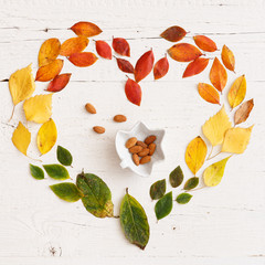 Closeup of autumn leaves lying on a white wooden background. Bright colorful leaves laid out in the form of heart. Bowl in the shape of a maple leaf with nuts in the center. Autumn concept