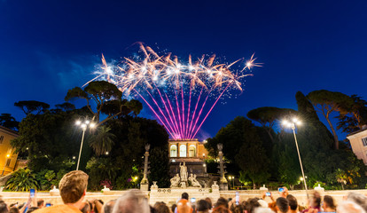 Fireworks for celebrate its Patron Saints' Day. PIAZZA DEL POPOLO, ROME, ITALY. June 29th is the feast of St. Peter and St. Paul..