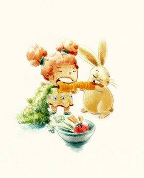 handmade illustration with cute rabbit eating a big carrot together with a little girl, isolated on white background