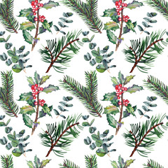 Fototapeta na wymiar Seamless pattern with red holly berries, green eucalyptus, pine and spruce branches. Watercolor illustration on white background.