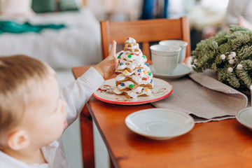 holiday new year christmas child eats delicious cake