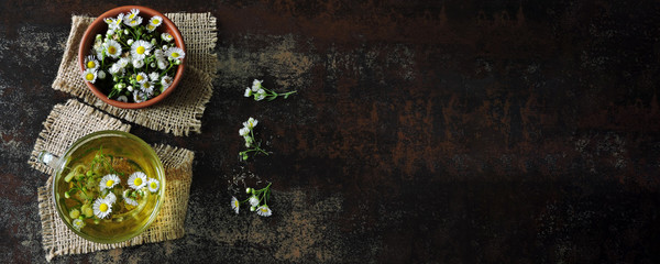 Fresh chamomile tea. Herbal medicinal tea. Diet tea. Banner.