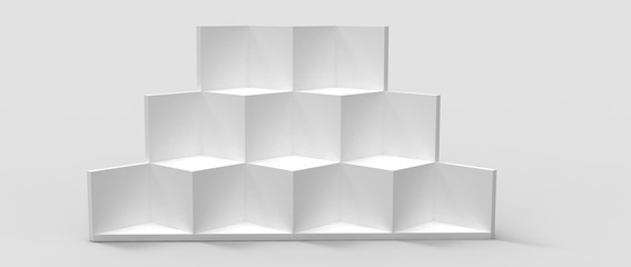 Diseño de podio para presentación de producto de diseño. Render tridimensional de escalones con iluminación de reflectores y diferentes materiales brillantes y con patrones. Fondo colorido 3d