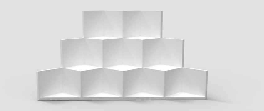 Dise&ntilde;o de podio para presentaci&oacute;n de producto de dise&ntilde;o. Render tridimensional de escalones con iluminaci&oacute;n de reflectores y diferentes materiales brillantes y con patrones. Fondo colorido 3d
