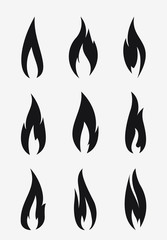 Set of unusual thin black realistic stylish fire flames.
