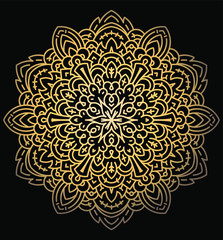 Rich decorated gold mandala on a black background.