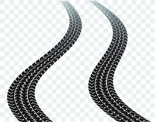 Winding black tires tracks on transparent background.