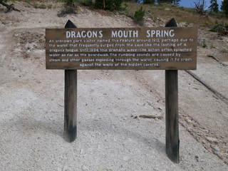 Wooden sign erected close to the Dragon's Mouth Spring, Yellowstone National Park.