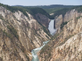 Wide shot of the Lower Falls from the lookout point. It's one of the most popular attractions at Yellowstone National Park, Wyoming.