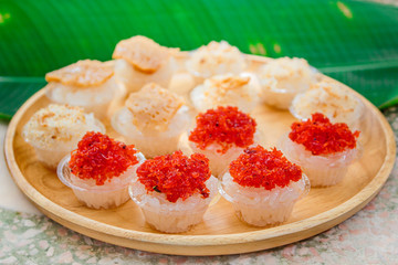 Sweet sticky rice with thai custard and shrimp topping, Thai Dessert.