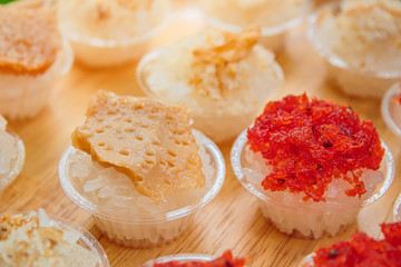 Sweet sticky rice with thai custard and shrimp topping, Thai Dessert.