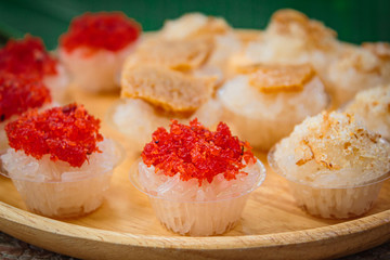 Sweet sticky rice with thai custard and shrimp topping, Thai Dessert.