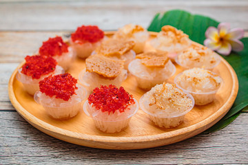 Sweet sticky rice with thai custard and shrimp topping, Thai Dessert.