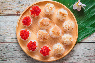 Sweet sticky rice with thai custard and shrimp topping, Thai Dessert.