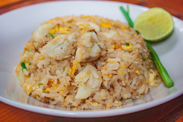 Fried rice with crab and vegetables at restaurant.