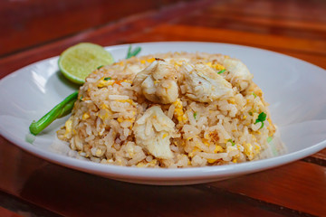 Fried rice with crab and vegetables at restaurant.
