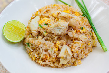 Fried rice with crab and vegetables at restaurant.