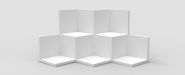 Diseño de podio para presentación de producto de diseño. Render tridimensional de escalones con iluminación de reflectores y diferentes materiales brillantes y con patrones. Fondo colorido 3d