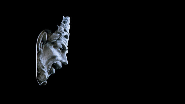 Face of Pan (Faunus in Roman mythology). God of the wild, nature and rustic music. Ancient statue isolated on black background.