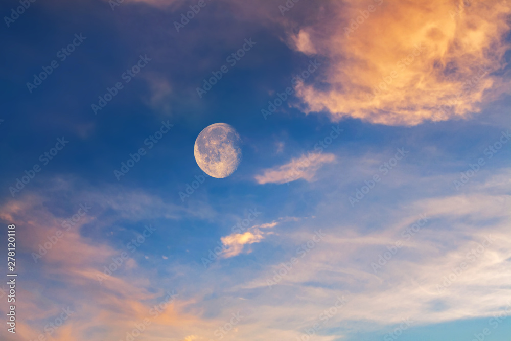 Wall mural white moon over stormy clouds . dramatic nature background . full moon background . landscape . ecli