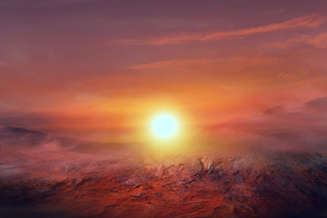 Fototapeta na wymiar Fantastic martian landscape . sunset on Mars . red others planet . 