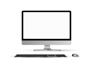 Monitor PC mockup. Trendy realistic thin frame monitor or Pc with mouse and keyboard isolated on white background. 3d realistic gadgets. Layout for web site, presentation, or advertising.