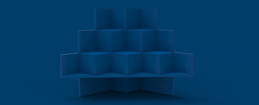 Dise&ntilde;o de podio para presentaci&oacute;n de producto de dise&ntilde;o. Render tridimensional de escalones con iluminaci&oacute;n de reflectores y diferentes materiales brillantes y con patrones. Fondo colorido 3d