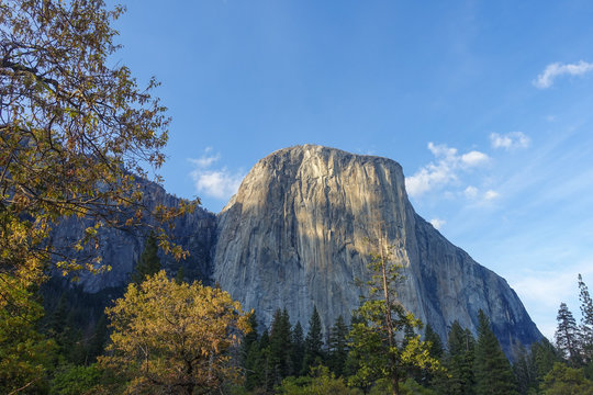 A view of El Capitan at sunset in spring in Yosemite Valley, Yosemite National Park, California where Free Solo was filmed