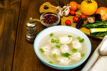 Hot broth with ravioli and green onions
