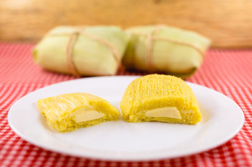Pamonha, Brazilian sweet corn with cheese filling. Pamonha typical of Brazil, food of the state of minas gerais and goiais. Concept of traditional food. Brazilian food