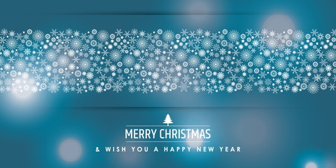Merry Christmas and Happy New Year greeting card design with white layered snowflakes background