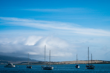 Fototapeta na wymiar Sailboats in a California bay with blue sky and clouds.