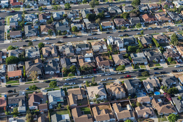 Aerial view of older houses and streets in a typical residential neighborhood in Los Angeles...