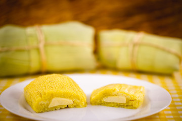 pamonha, Brazilian sweet made from homemade cheese with corn. Open pissing ready for consumption. Concept of traditional Brazilian sweet, typical food of the months of June and July.