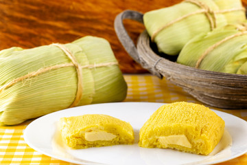 Pamonha Corn. Sweet Brazilian cheese with creamy and boiled corn. Typical sweet of Brazil in rural festivals, made in the state of minas gerais and goiais.