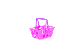 Purple and pink toy basket or shopping cart isolated on white background.