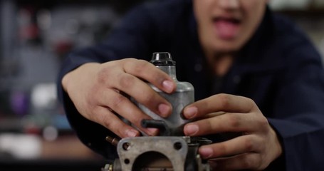 4K Funny concept of apprentice mechanic breaking motor parts & walking away