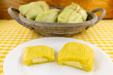 pamonha, Brazilian sweet made from homemade cheese with corn. Open pissing ready for consumption....