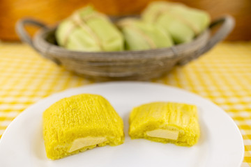 pamonha, Brazilian sweet made from homemade cheese with corn. Open pissing ready for consumption....