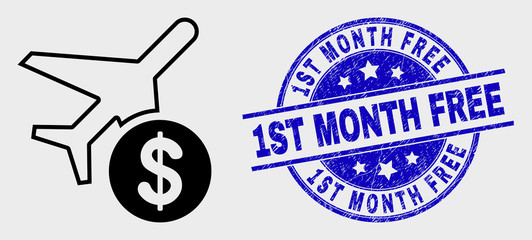 Vector contour airplane price icon and 1St Month Free watermark. Blue round textured watermark with 1St Month Free title. Black isolated airplane price pictogram in contour style.